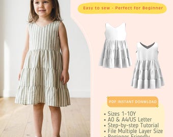 Kids Dress Ruffle Sewing Pattern PDF | Beginner Friendly | Sizes 1-10y | Girls Basic Dress