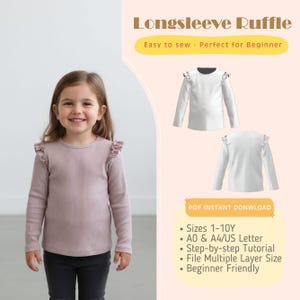 フリルトップスの縫製パターンPDF、ベビー＆キッズサイズ1～10歳、幼児用シャツ（即時ダウンロード）