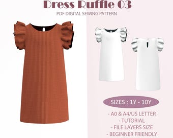Rüschen Kleid Schnittmuster PDF für Kinder | Größen 1-10Y, Anfänger freundlich, Instant Download