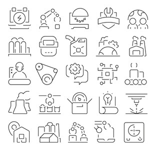 Ikoner för industri- och tillverkningslinjer – 40 minimalistiska vektorikoner
