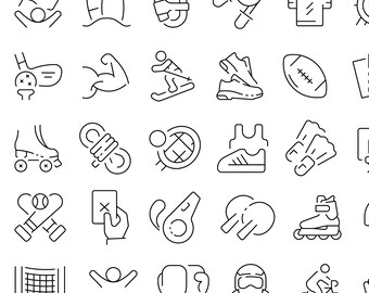 Sport- en fitnesslijnpictogrammen – 40 minimalistische vectorpictogrammen
