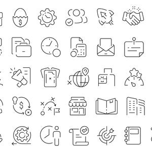 May include: A collection of black and white line art icons related to business and finance. Icons include a briefcase, an egg with a dollar sign, a gear with a clock, people, a rocket, handshakes, a wallet, and an upward trend graph.