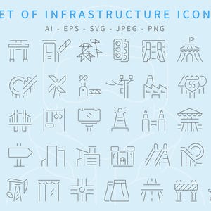 インフラストラクチャと都市要素のラインアイコン – 40 個のミニマリストベクターアイコン