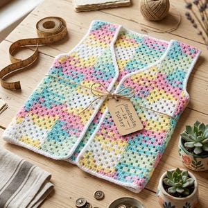 Op de afbeelding: Een handgemaakt gehaakt vest in pastelkleuren roze, geel, blauw en wit. Het vest is vastgebonden met touw en een label met de tekst "Handmade in Turkey". Een meetlint, knopen en kleine potplanten zijn ook aanwezig.