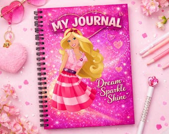 Girls Princess Journal, Pink Sparkle Diary, Barbie Style Notebook, Dream Sparkle Shine