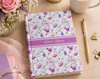 Personalized Purple Floral Journal, Watercolor Name Diary, Elegant Notebook for Women