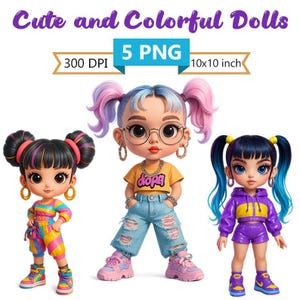 Bonecas fofas e coloridas - Conjunto de clipart de bonecas urbanas da moda - Formato PNG