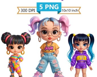 Trendy Urban Dolls Clipart Set: Colorful PNG Fashion Dolls (300 DPI)