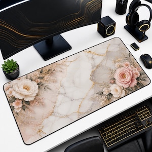 Tappetino da scrivania con motivo floreale effetto marmo, decorazione per ufficio con peonia e venature dorate, elegante tappetino da scrivania