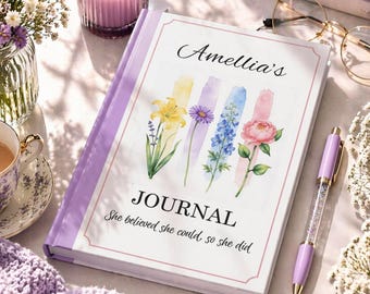 Personalized Floral Journal, Custom Name Watercolor Diary, Hardcover Planner Gift