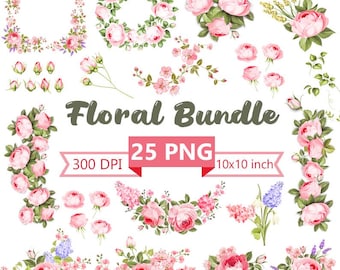 Vintage Floral Clipart  Bundle - PNGs - 300 DPI