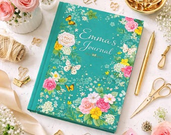 Personalized Floral Journal with Butterflies, Custom Name Notebook, Hardcover Diary