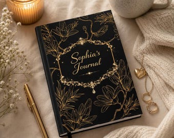 Personalized Black Gold Floral Journal, Custom Name Notebook, Elegant Diary, Writing Journal