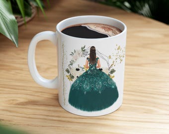 Personalized Mug, Custom Girl Illustration, Green Dress Floral Coffee Cup