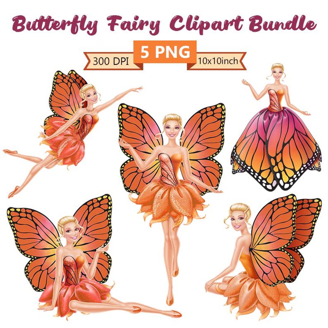 Butterfly Fairy Clipart Bundle: Orange Princess Art (5 PNG Digital ...