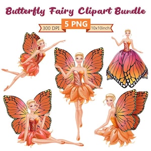 Schmetterling Fee Clipart Bundle | 5 PNG Fantasy Feen mit Flügeln | Magisches Mädchen Digital Download | Orange Fee Prinzessin Kunst für Kunsthandwerk