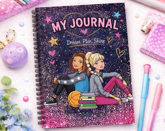 Girls Friends Dream Plan Shine Journal, Glittery Spiral Notebook