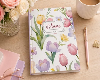 Personalized Tulip Floral Journal, Custom Name Notebook, Lined Diary, Women's Writing Planner