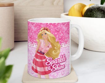 Pink Doll Heart Pattern Ceramic Mug | 11 oz Dishwasher Safe Cup