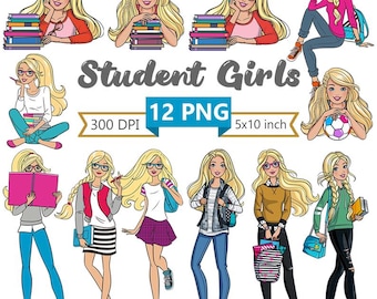 Student Girl Clipart Bundle: School Illustrations (Digital Download, 12 PNG Files)
