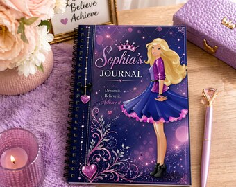 Personalized Princess Journal, Glitter Diary for Girls, Custom Name Notebook