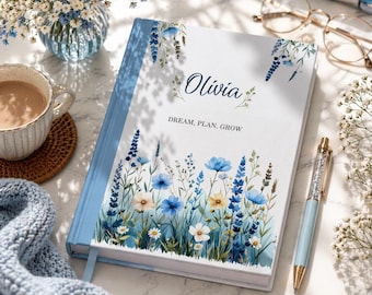 Personalized Blue Floral Journal, Dream Plan Grow Notebook