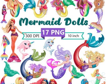 Mermaid Doll Clipart Set | PNG Stickers (Instant Download