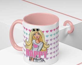 Happy Blonde Girl Hearts Accent Coffee Mug | Pink Interior