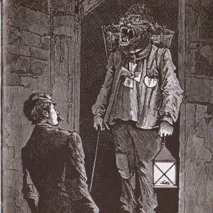 May include: An antique black and white illustration depicts a man in a cat mask, wearing a coat and holding a lantern, facing another man. The cat-masked figure has a cross-shaped medal. The scene is set in a doorway, with a dark, ominous atmosphere.