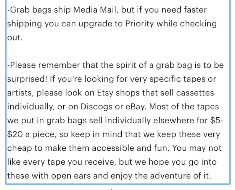 May include: Text on a blue background. The text discusses grab bags, shipping options, and the surprise element of the product. It advises customers to explore specific tapes or artists elsewhere.