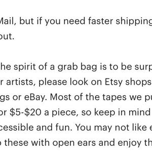 May include: Text on a white background, advising customers about grab bags. It explains the surprise element and suggests alternative sources for specific items, such as Etsy shops and eBay.