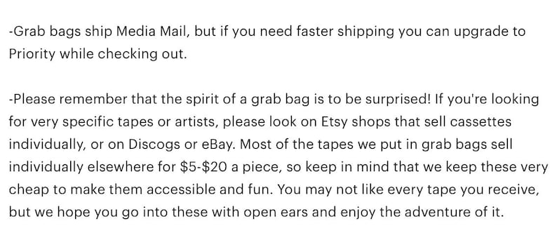 May include: Text on a white background, advising customers about grab bags. It explains the surprise element and suggests alternative sources for specific items, such as Etsy shops and eBay.