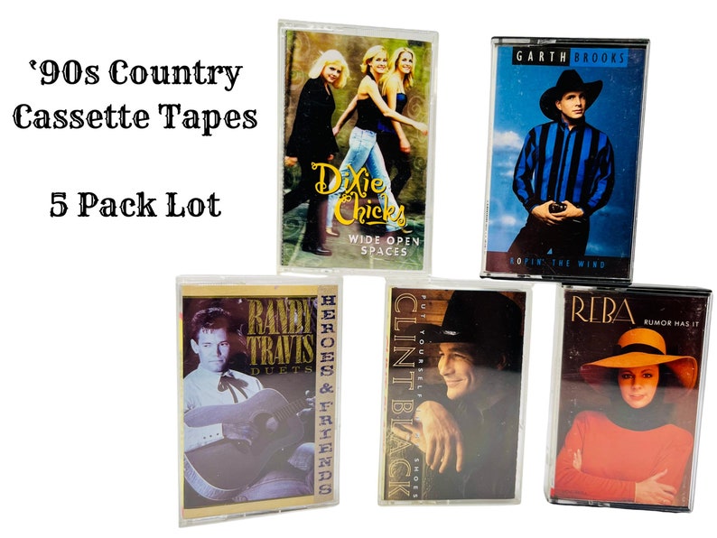 May include: A selection of five vintage cassette tapes featuring country music artists. The tapes include albums by Dixie Chicks, Garth Brooks, Randy Travis, Clint Black, and Reba. The image text reads "'90s Country Cassette Tapes 5 Pack Lot."