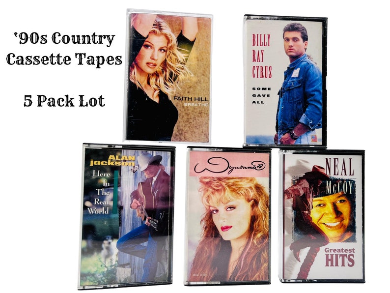May include: A selection of five vintage cassette tapes featuring country music artists. The tapes include Faith Hill, Billy Ray Cyrus, Alan Jackson, Wynonna, and Neal McCoy. The image text reads "'90s Country Cassette Tapes 5 Pack Lot."
