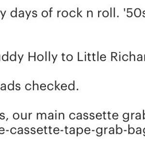 Puede incluir: Cinco cintas de cassette vintage curadas de los primeros d&iacute;as del rock and roll. Las cintas presentan m&uacute;sica de los a&ntilde;os 50 y principios de los 60, incluyendo rock, rhythm and blues, pop bubblegum y doo-wop. El texto dice: "De Chuck Berry a The Chiffons, de Buddy Holly a Little Richard, las ra&iacute;ces de la m&uacute;sica moderna se encuentran aqu&iacute;. No hay cajas rotas, todas rebobinadas, limpias, almohadillas revisadas. Si est&aacute;s buscando otros g&eacute;neros adyacentes, nuestra bolsa de agarre de casetes principal podr&iacute;a tener lo que est&aacute;s buscando: www.etsy.com/listing/569676443/vintage-cassette-tape-grab-bag-curated-5"