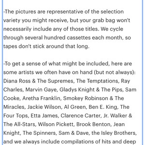 May include: Text on a light blue background provides helpful facts about a selection of music cassettes. The text mentions that the images are representative of the variety, but the grab bag may not include those titles. Artists include Diana Ross & The Supremes.