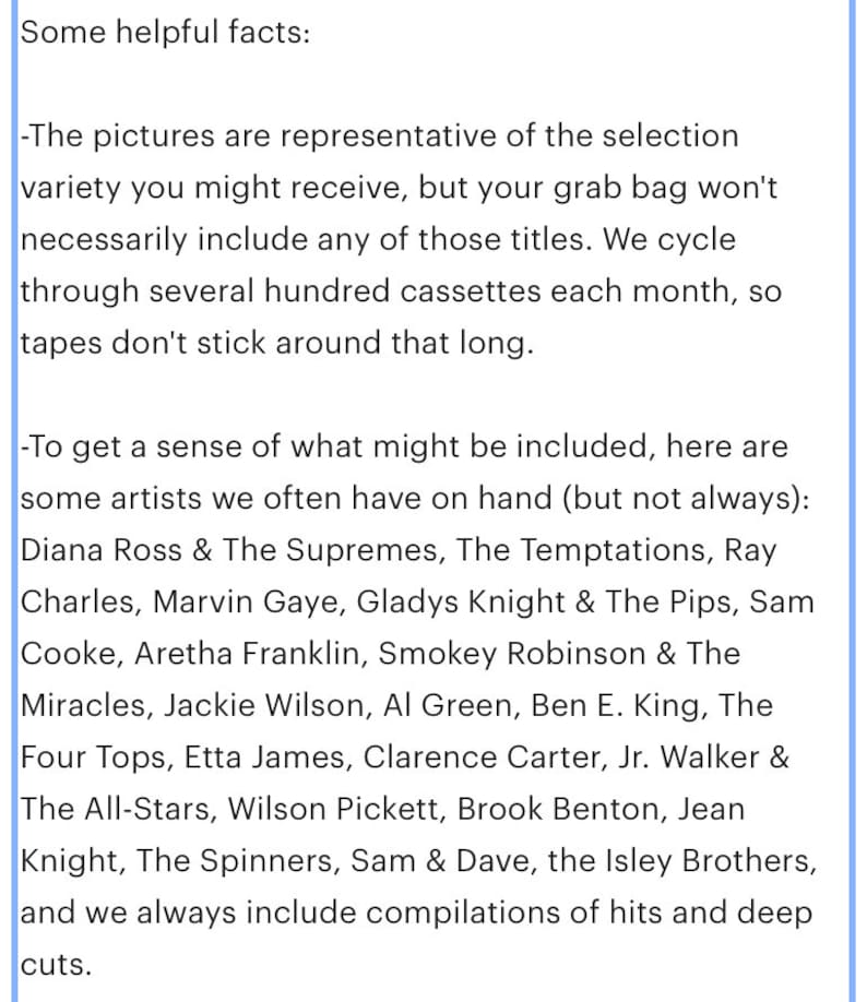 May include: Text on a light blue background provides helpful facts about a selection of music cassettes. The text mentions that the images are representative of the variety, but the grab bag may not include those titles. Artists include Diana Ross & The Supremes.
