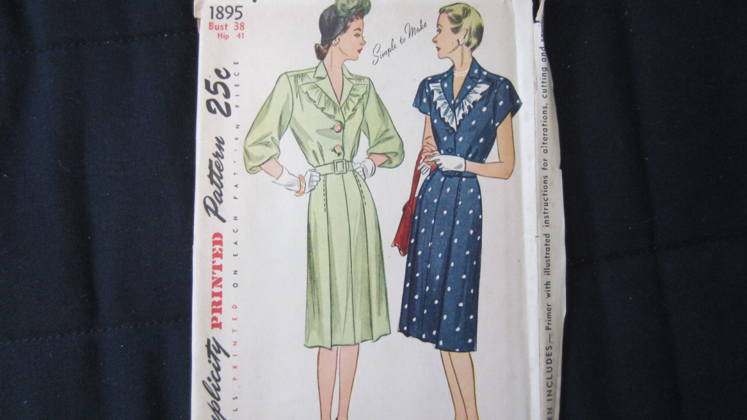 Vintage 1940's Women's One Piece Dress Simplicity Pattern