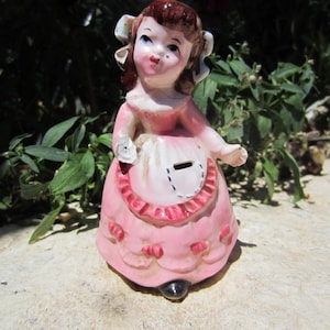 Rare Tape Measure Girl in Pink Vintage Ceramic Figurine Collectibles English