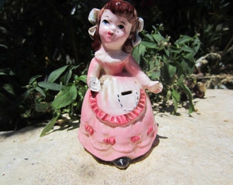 SALE Rare Tape Measure Girl in Pink Vintage Ceramic Figurine Collectibles English