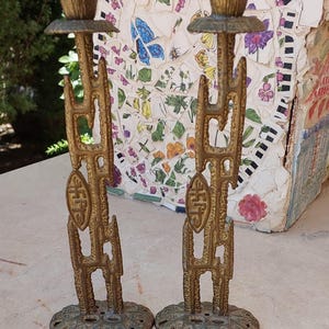 Brass Shabbat Tall Candle Holders Vintage Pair Brutalist Design Made in Israel