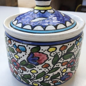 Vintage keramische pot met deksel, handgeschilderd, Armeens, gemaakt in Israël