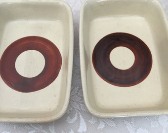 Lapid Set of Two Mid Century Ceramic Matching Serving Dishes Vintage Brown on Off White Circle Pattern  Made in Israel Hallmarked