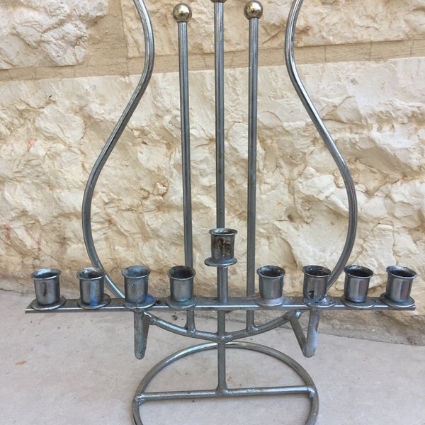 Vintage Modern Design Menorah Shape of King David's Harp Silver Judaica Jewish Collectibles