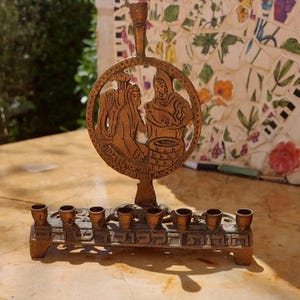 Rare Hanukkah Menorah Brass Vintage Rivka and Eliezer at the Well with Hebrew Blessings One of a Kind Unique 1950's Made in Israel