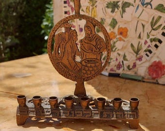 Rare Hanukkah Menorah Brass Vintage Rivka and Eliezer at the Well with Hebrew Blessings One of a Kind Unique 1950&#39;s Made in Israel