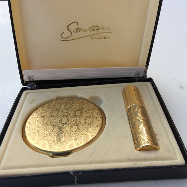 Stratton Set in Original Box Compact and Perfume Atomizer Vintage With Gold Design Hand Held Mirror Made in England