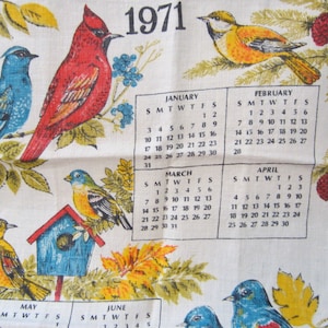 1970's pájaro calendario lino Vintage toalla de cocina