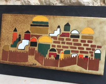 Old City of Jerusalem Hand Painted Tile on Wood Souvenir Collectibles Wall Decor