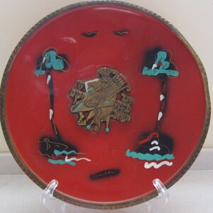 1950&#39;s Israeli Red Enamel Copper Hand Painted Plate Vintage Jerusalem Souvenir King David with Harp Collectibles Wall Decor Judaica